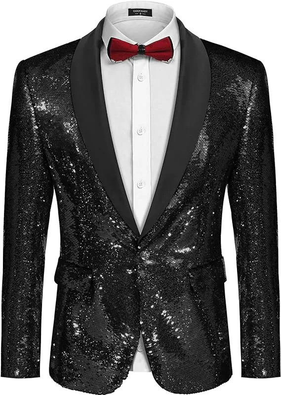 COOFANDY Men Shiny Sequin Blazer Tuxedo Party Dinner Prom One Button Suit Jacket