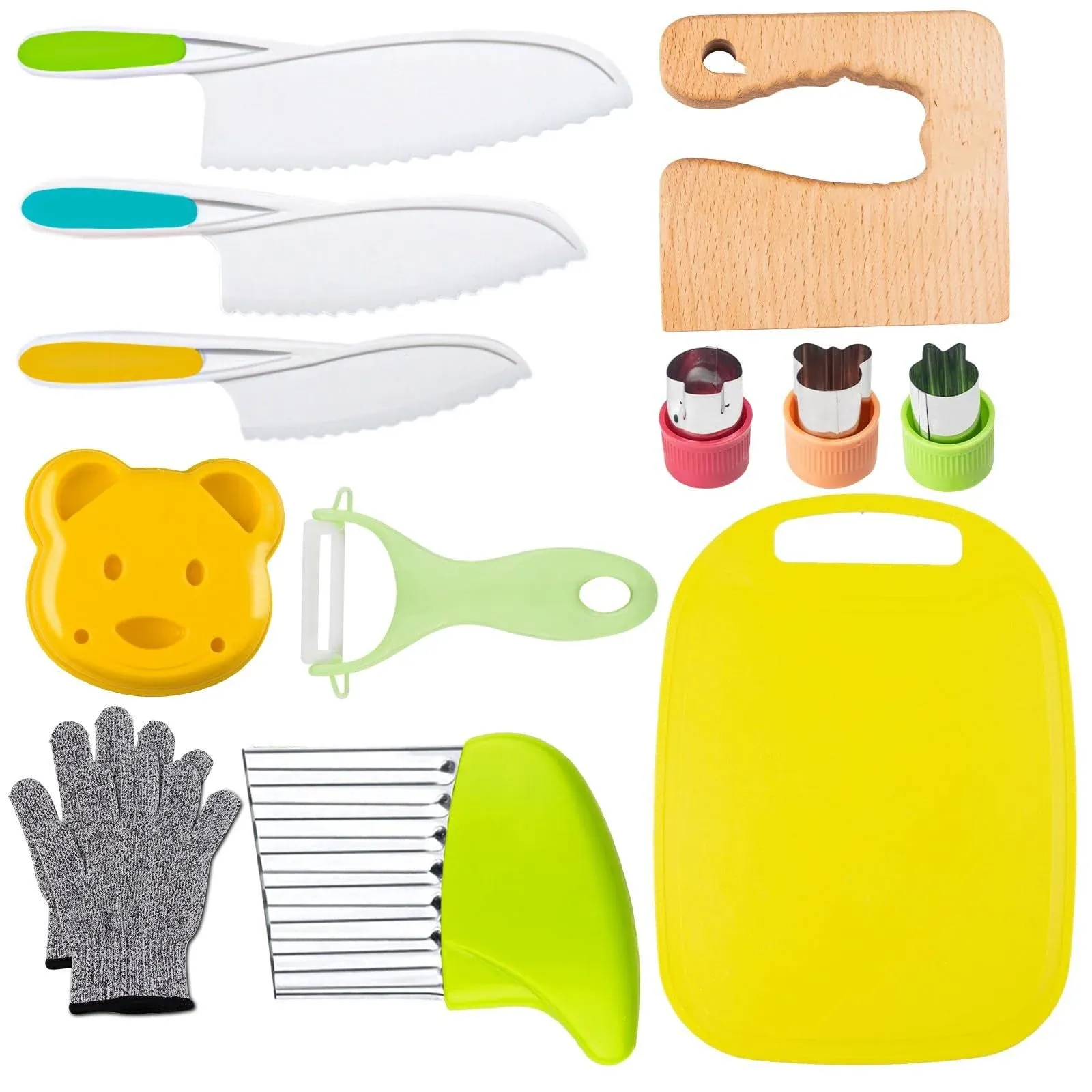 Leking 13 Pcs Wooden Kids Kitchen Knife, Kids Knife Set with Gloves Cutting Board Bear Sandwich Cutter Fruit Vegetable Cutters Serrated Edges Plastic Knifes for Real Cooking Kid Safe Knives