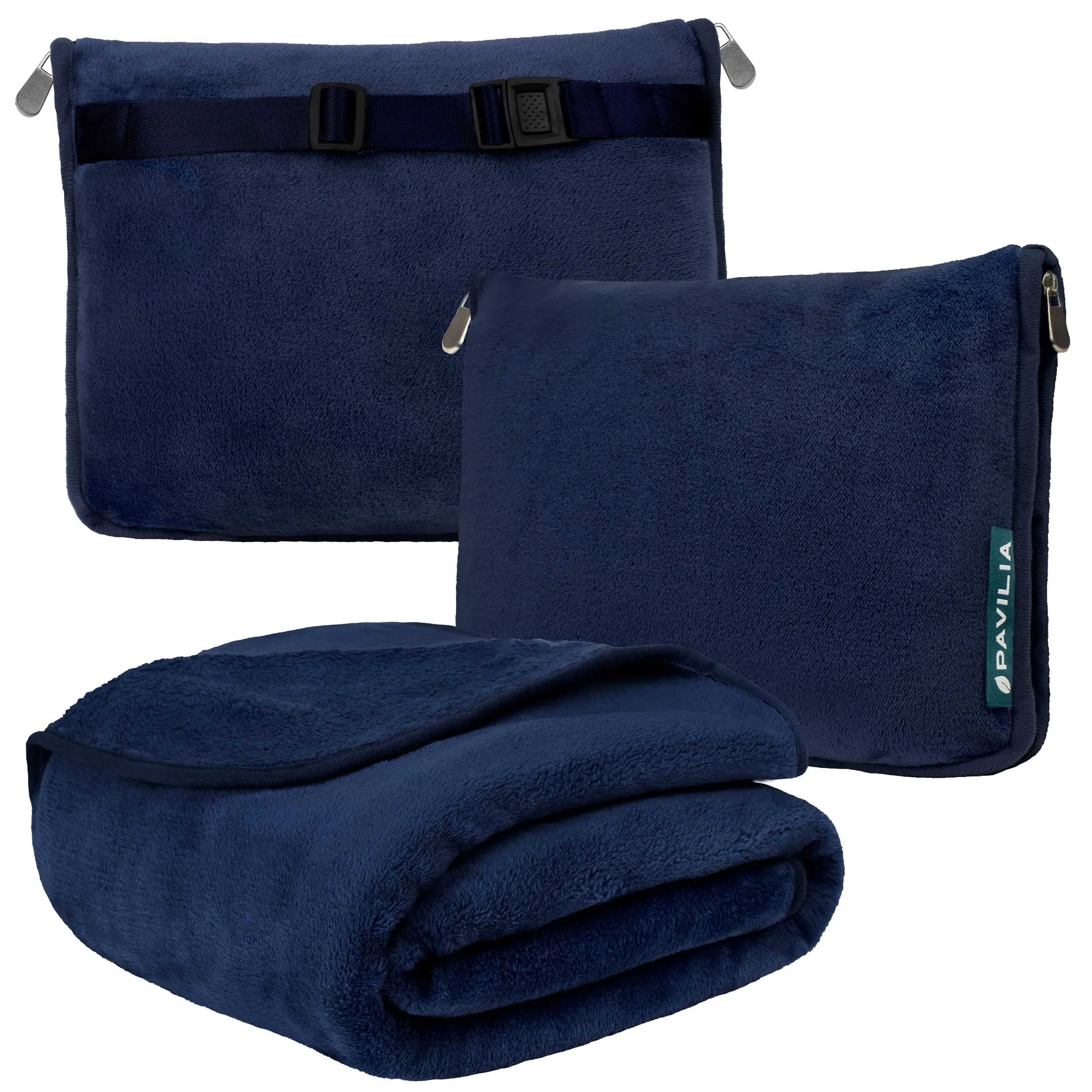 PAVILIA Travel Blanket and Pillow, Warm Soft Fleece 2-IN-1 Combo Large Compact Set for Airplane Camping Car Trips