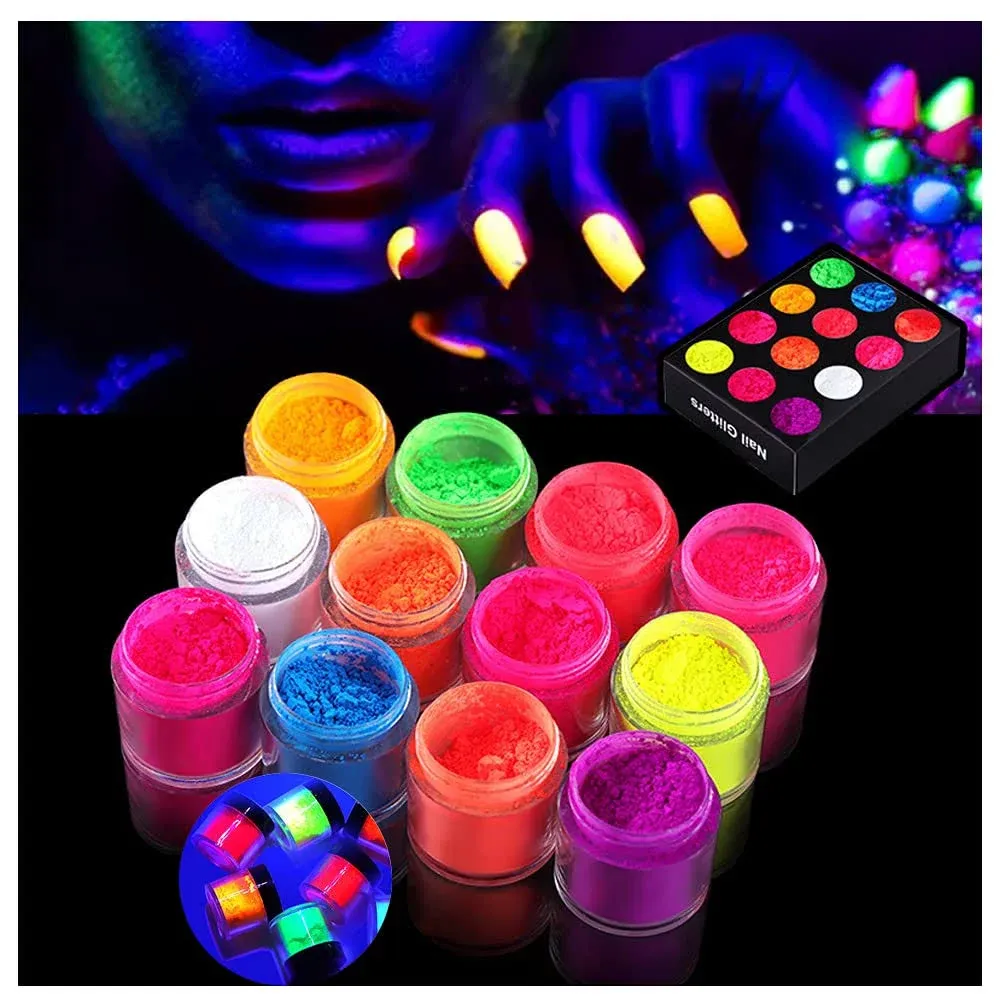 12 Color Pigment Nail Powder Colorful Fluorescent Nail Pigments Dust Ultrafine Luminous Powder Nail Iridescent Glitter 3D DIY Nail Art Decoration