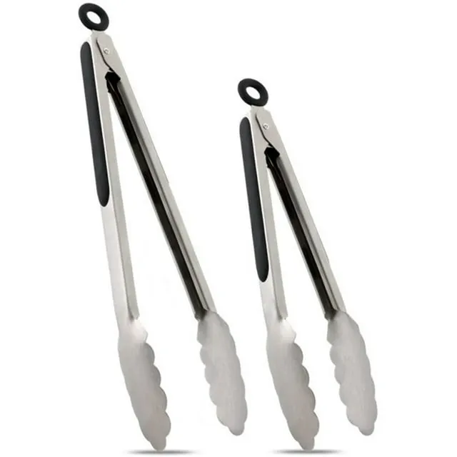 Hotec Stainless Steel Kitchen Tongs Set of 2 - 9" and 12", Locking Metal Food Tongs Non-Slip Grip