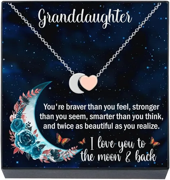 Granddaughter Pendant Necklace Jewelry Gifts I Love You to The Moon and Back Heart & Moon Necklace Jewelry Gifts for Christmas Stocking Stuffer Ideas Presents for Girls Teens Women (Gold Tone)