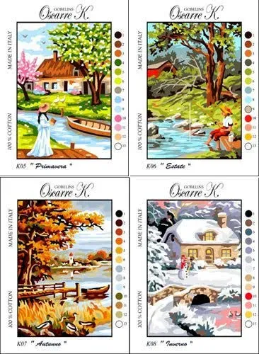 Needlepoint Kit Four Seasons 4 pieces measuring 9&quot;x6.3&quot; 23x16cm. printed canvas cod K4stagioni