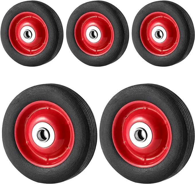 5 Pack 6 x 1.2 Inch Solid Rubber Flat Free Tire, Hand Truck Wheel with Ball Bearing and 5/8 Inch Axle Diameter, Solid Rubber Wheel, 350 lbs Capacity