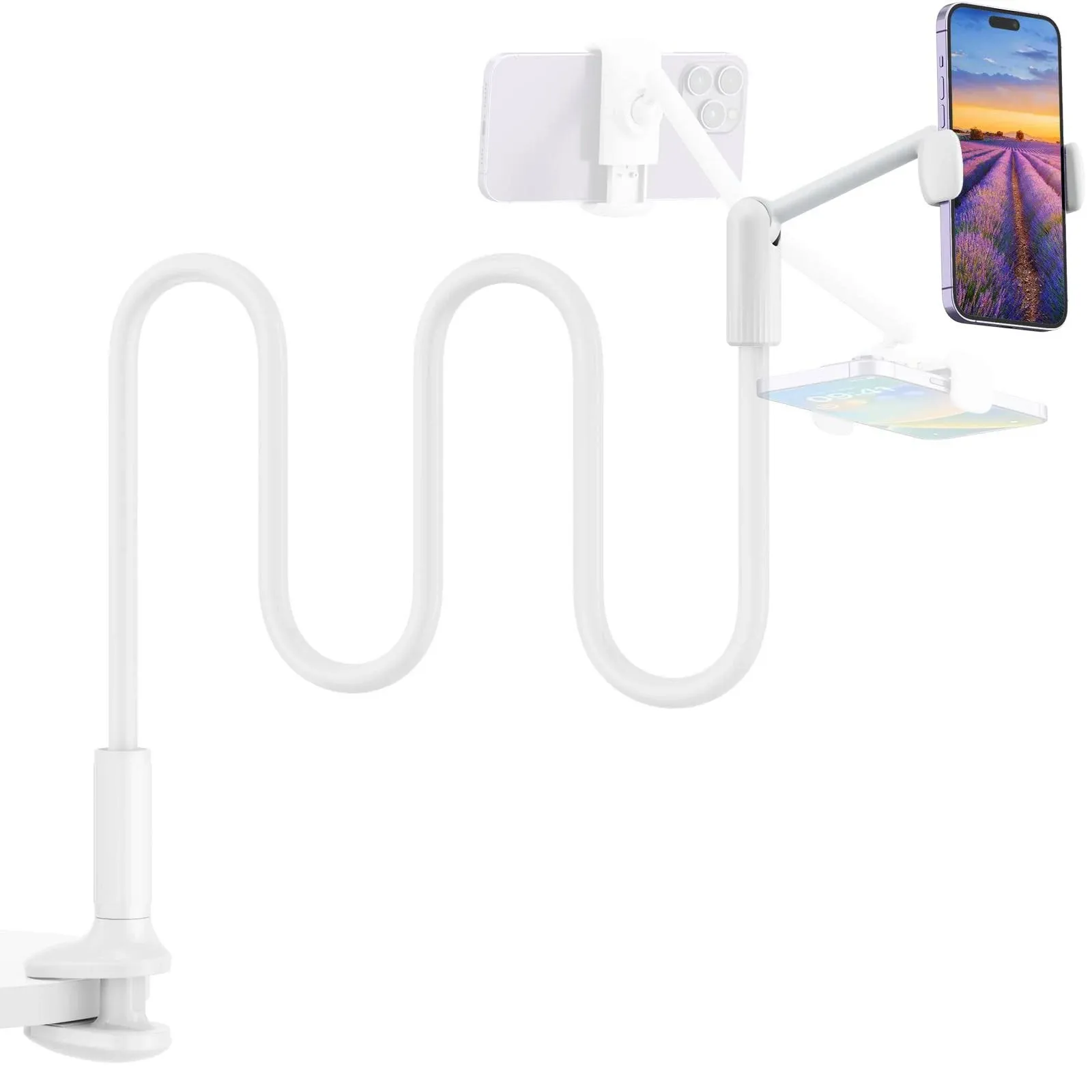 SAIJI Gooseneck Phone Holder for Bed, 360° Rotate Support Rod One-Hand Adjustable Cell Phone Stand, Compatible with All 4.7-7" Devices(White)