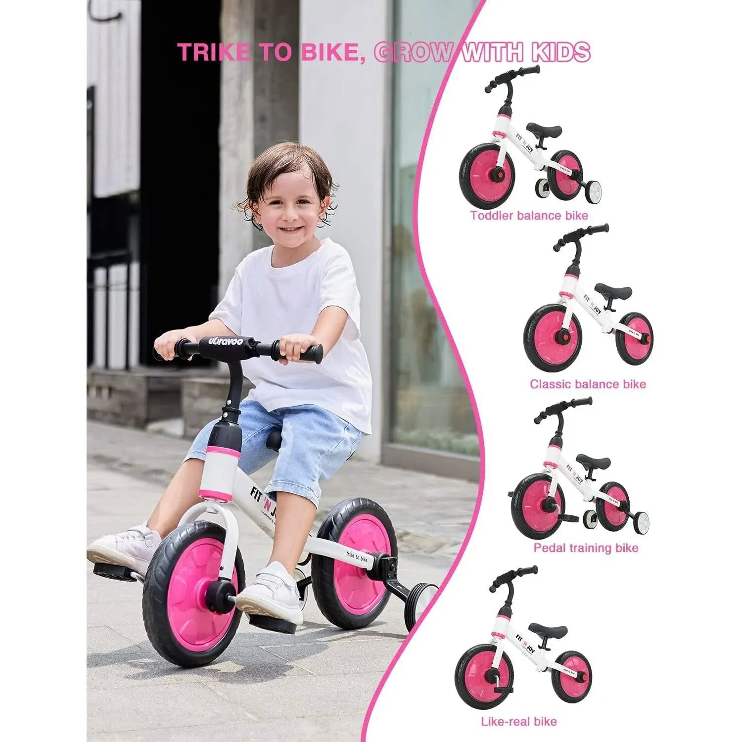 Trike to Bike Riding Tricycles for Boys Girls 2-5, Fit 'n Joy Kids Balance Bike with Pedals & Training Wheels Options, 4-in-1 Starter Toddler Training Bicycle