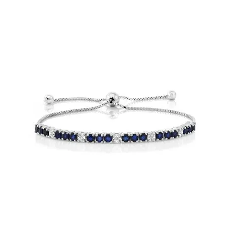 925 Sterling Silver Blue Sapphire and White Diamond Tennis Bracelet