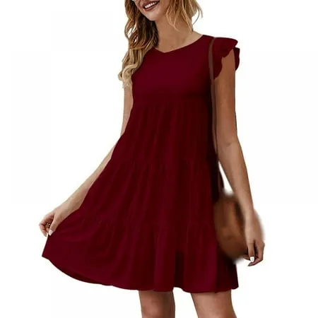 Women s Summer Dress Sleeveless Ruffle Sleeve Round Neck Mini Dress Solid Color Loose Fit Short Flowy Pleated Dress