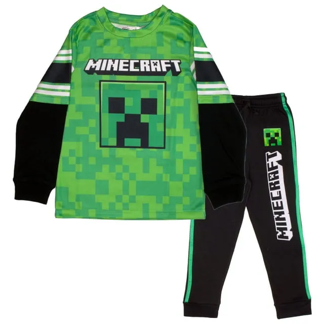 Minecraft Jolly Mobs SSS Creepeer Boys Athletic Long Sleeve and Sweatpants 2-Piece Set for Kids (Size 4-16)