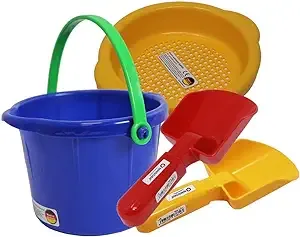 Spielstabil Toddler Sand Toys Bundle - Pail, Sieve and 2 Scoops (Colors Vary)