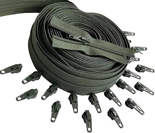 #3 YKK Nylon Coil Continuous Zipper Chain by The Yard Make-A-Zipper 5 Yards with 20 Automatic Lock Zipper Pulls Same Color for DIY Sewing Crafts or Bags (Olive Green #567)