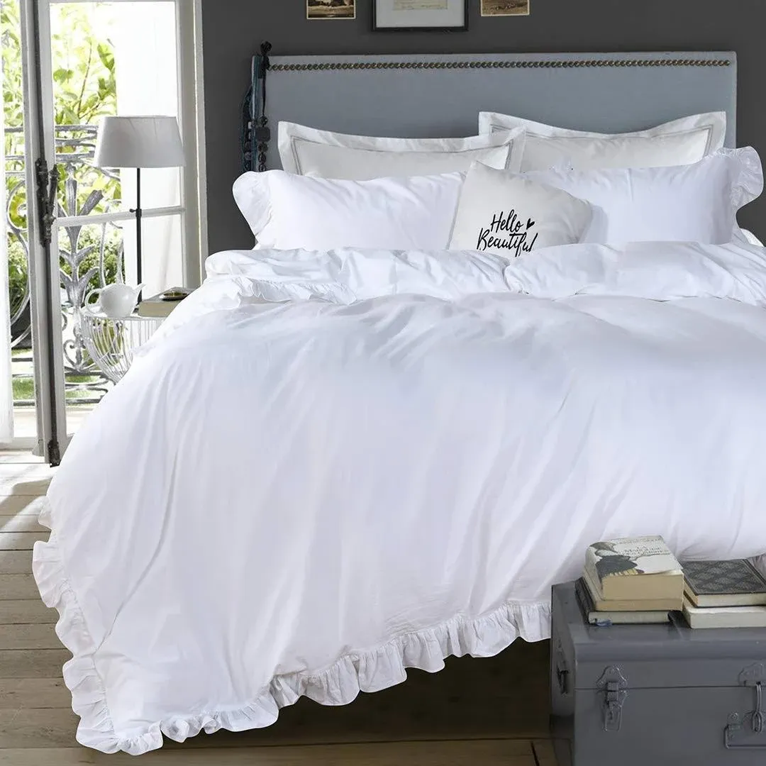 QSH Washed Cotton Ruffled King Duvet Cover Set,Vintage White Shabby Boho Chic Ruffle Farmhouse Bedding Comforter Quilt Cover 3 Pieces Aesthetic