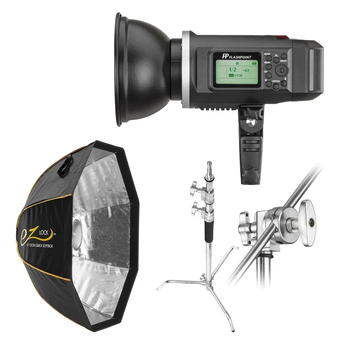 Flashpoint XPLOR 600 HSS R2 Battery Powered Studio Flash Strobe Light Photography Kit w/Built-in R2 2.4GHz, Bowens Mount, 600Ws, 8700mAh Battery, Bundle w/C-Stand and EZ Lock 44in OctaBox