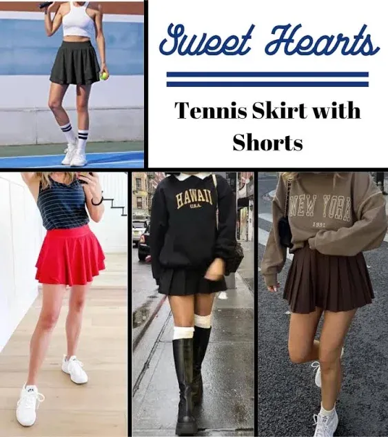 Sweet Hearts Mini Skirt for Women- Skort with Built-in Shorts Pleated High Waist Tennis Skirt Performance Athletic