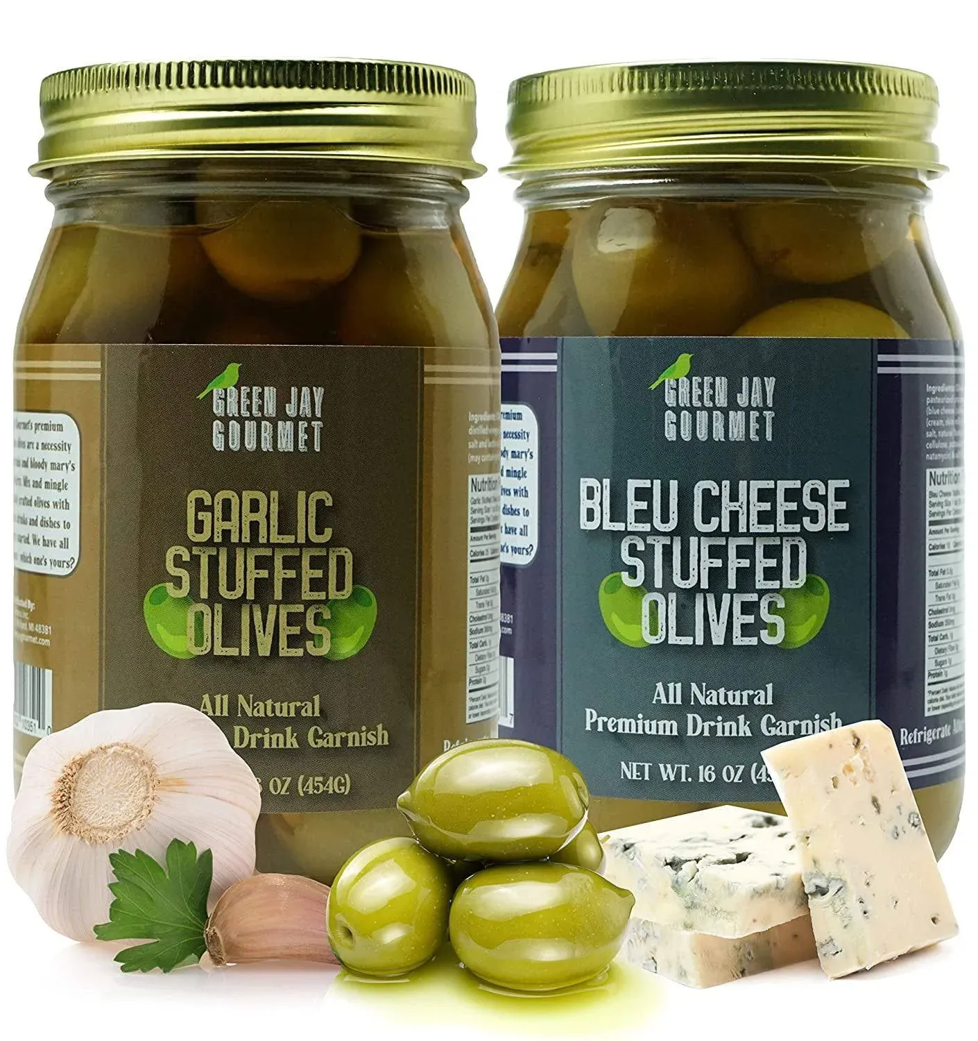 Green Jay Gourmet Garlic & Blue Cheese Stuffed Olives – Stuffed Green Olives for ...