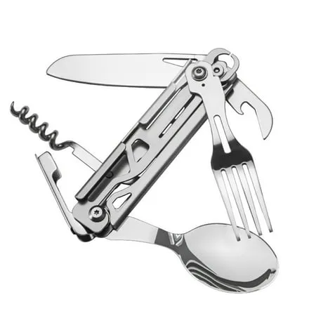 Cheers.US Camping Utensils Tool  Foldable Camping Utensil Set  Portable Stainless Steel Spoon  Fork  Knife Bottle Opener Combo Sets  Multifunction Travel Backpacking Cutlery Eating