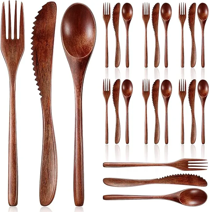 Wooden Cutlery Set For Dinner, Kitchen Flatware Tableware Utensil Set Includes Spoon, Fork, Knife (12 Pieces)