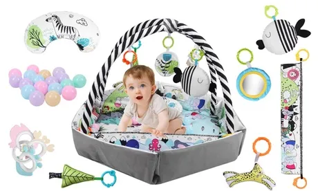 Baby Play Gym Mat, 5-in-1 Tummy Time Mat & Ball Pit, Baby Play Mat Activity Gym with Net and 6 Toys, Baby Toys Gift for Toddler Infant 0-3-6-9-12 Months