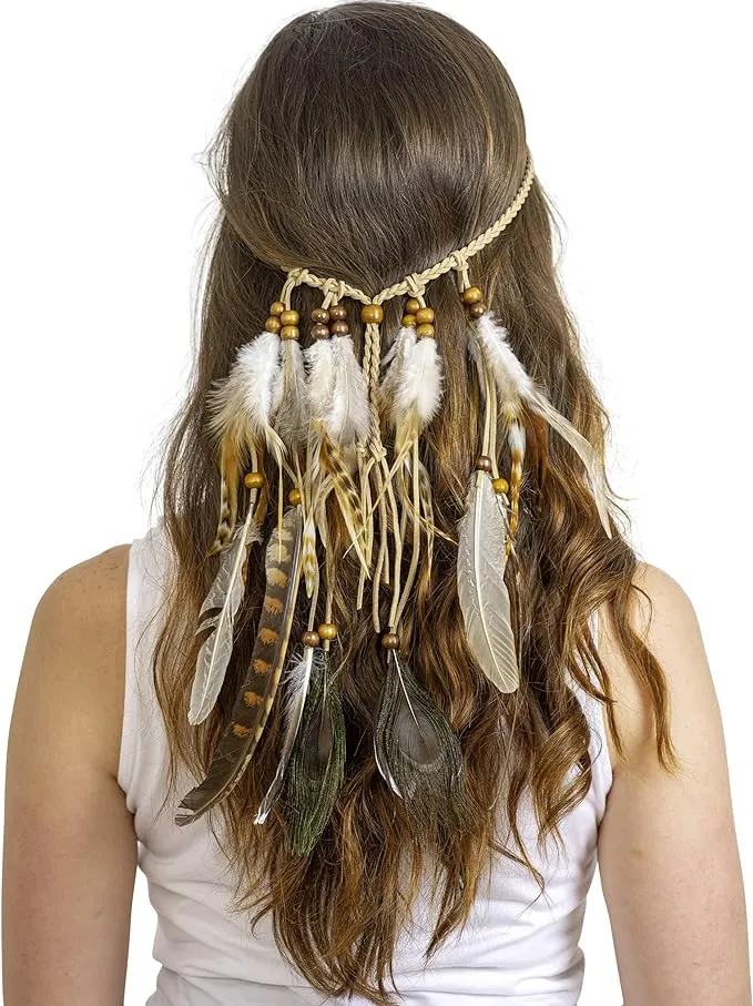 Skeleteen Indian Feather Headband Accessories - Native American Tribal Costume Head Dress with Feathers for Women and Kids