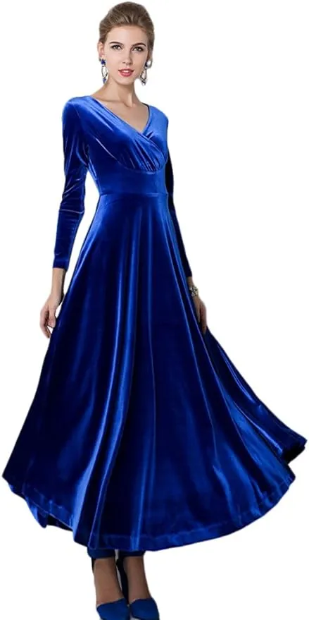 EXCHIC Women Elegant Velvet Long Dress Evening Party Dancing Dress Christmas Maxi Dress