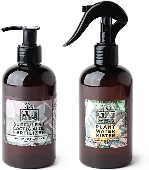 Cute Farms Succulent, Cacti, & Aloe Fertilizer | Gentle Monthly Use Formula Plant Food (8 oz. Bottle + ONE Fine Mist Spray Bottle)
