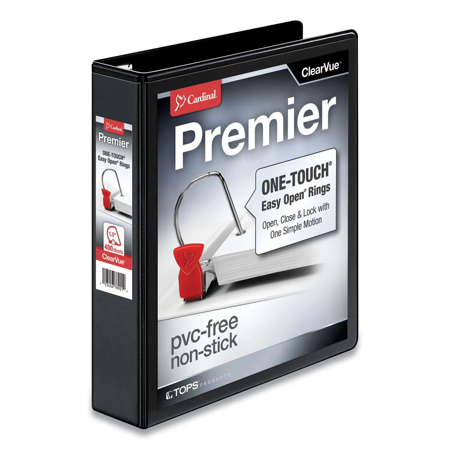 Cardinal Premier Easy Open Clearvue Locking Slant-D Ring Binder, 3 Rings, 1.5" Capacity, 11" x 8.5", Black