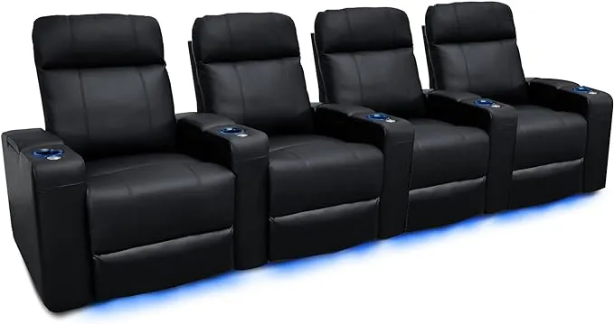 Valencia Piacenza Home Theater Seating | Premium Top Grain Nappa 9000 Leather, Power Recliner, LED Lighting (Row of 4, Black)