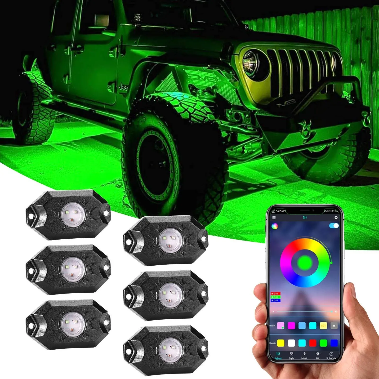 RGB Rock Lights, 6 Pods Multicolor Neon LED Light Kit with Bluetooth Control ...