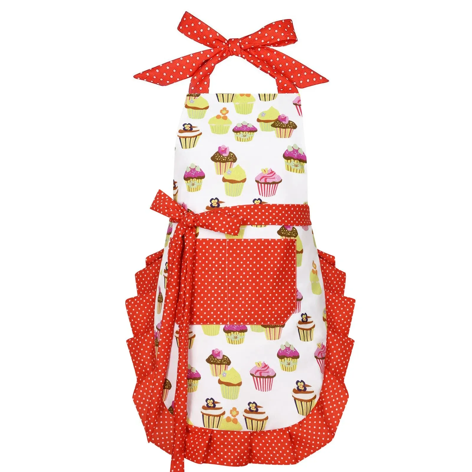 Claswcalor 100% Cotton Aprons for Women with Pockets Cute Cupcake Apron with Adjustable Neck Strap Red Adult Kitchen Cooking Apron