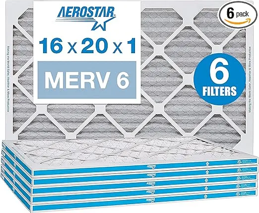 Aerostar 16x20x1 MERV 6 Pleated Air Filter, AC Furnace Air Filter, 6 Pack (Actual size 15 3/4"x 19 3/4" x 3/4")