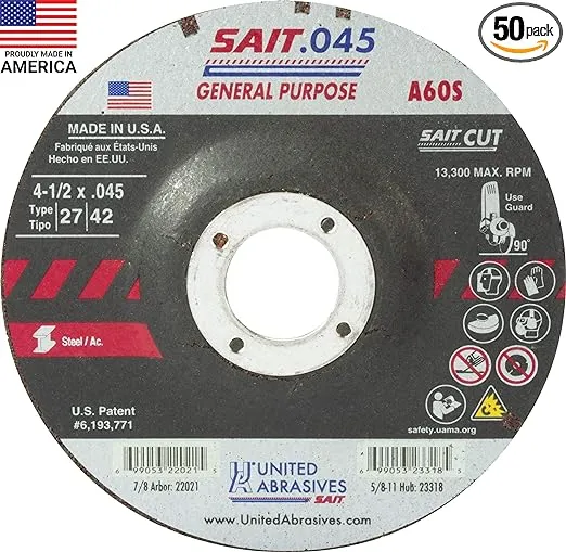 United Abrasives-SAIT 22021 A60S General Purpose Cut-Off Wheels (Type 27/Type 42 Depressed Center) 4 1/2" x .045" x 7/8", 50-Pack