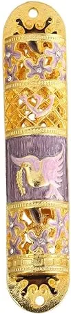 Matashi Hand Painted Enamel Mezuzah Embellished with a Floral Design with Gold Accents Crystals