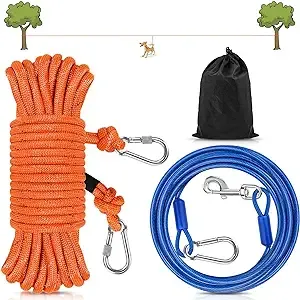 Petbobi Dog Runner for Yard 50FT, Dog Tie Out Cable for Camping with 10FT Dog Run Wire Cable, Portable Reflective Dog Lead Line with 360° Tangle Free &Heavy-Duty Clasp for Yard, Park, Orange