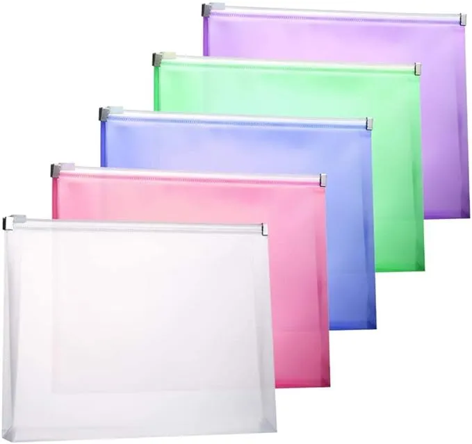 Plastic Envelopes, TIENO 5PCS Legal Size Poly Zip Envelope with Zipper, Expanding Plastic Zip Envelopes for Home Office School