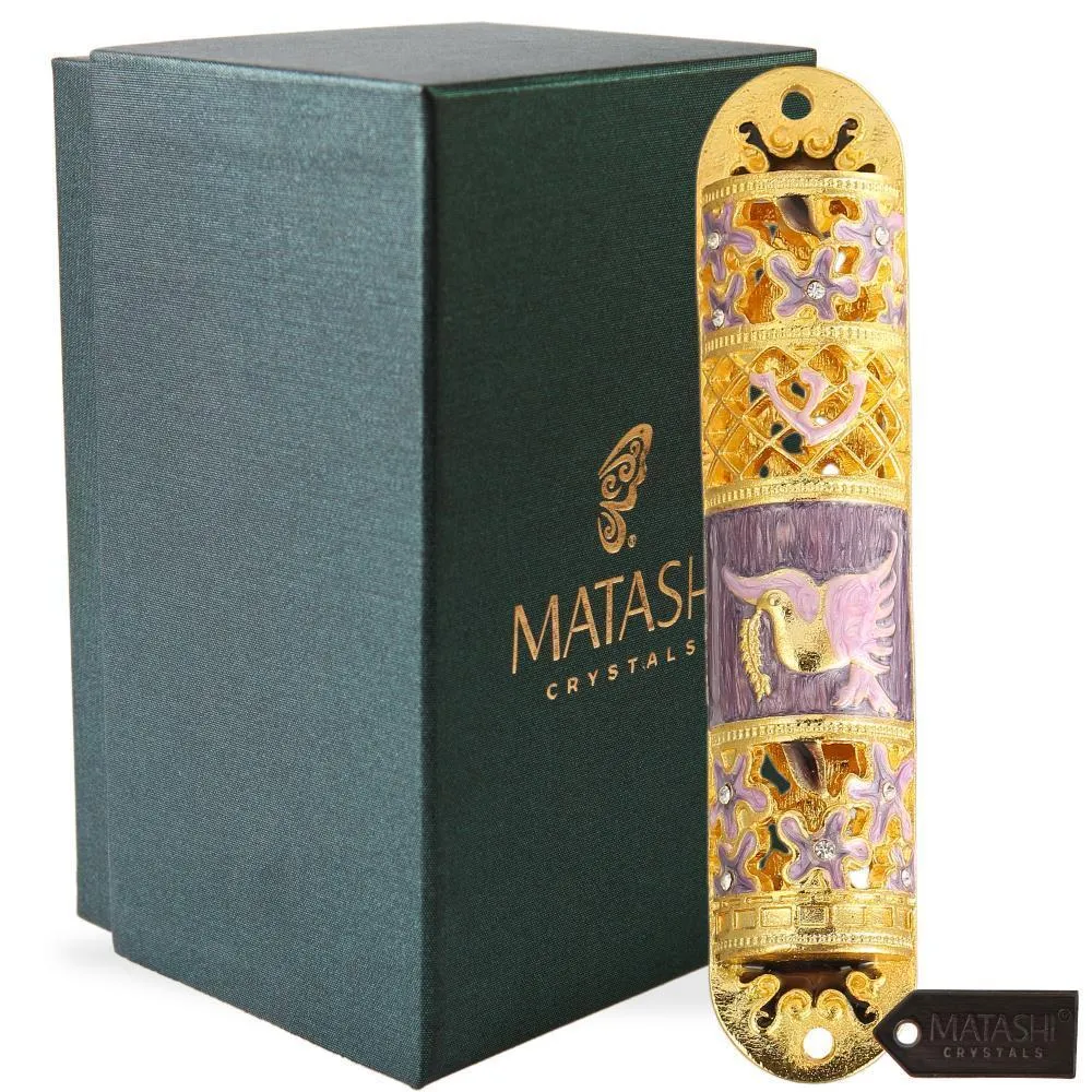 Hand Painted Enamel Mezuzah Embellished with a Floral Design with Gold Accents and High Quality Crystals by Matashi