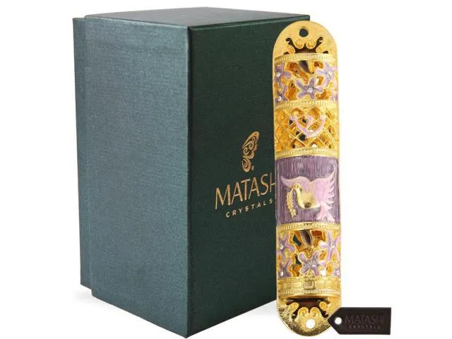 Hand Painted Enamel Mezuzah Embellished with a Floral Design with Gold Accents and High Quality Crystals by Matashi