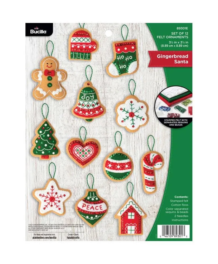 Bucilla Felt Ornaments Applique Kit Set of 12 - Gingerbread Santa