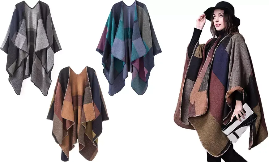 2 Pcs Women'sColor Block Shawl Wrap Open Front Poncho Cape Scarfs for Women 1* Purple and 1* Khaki