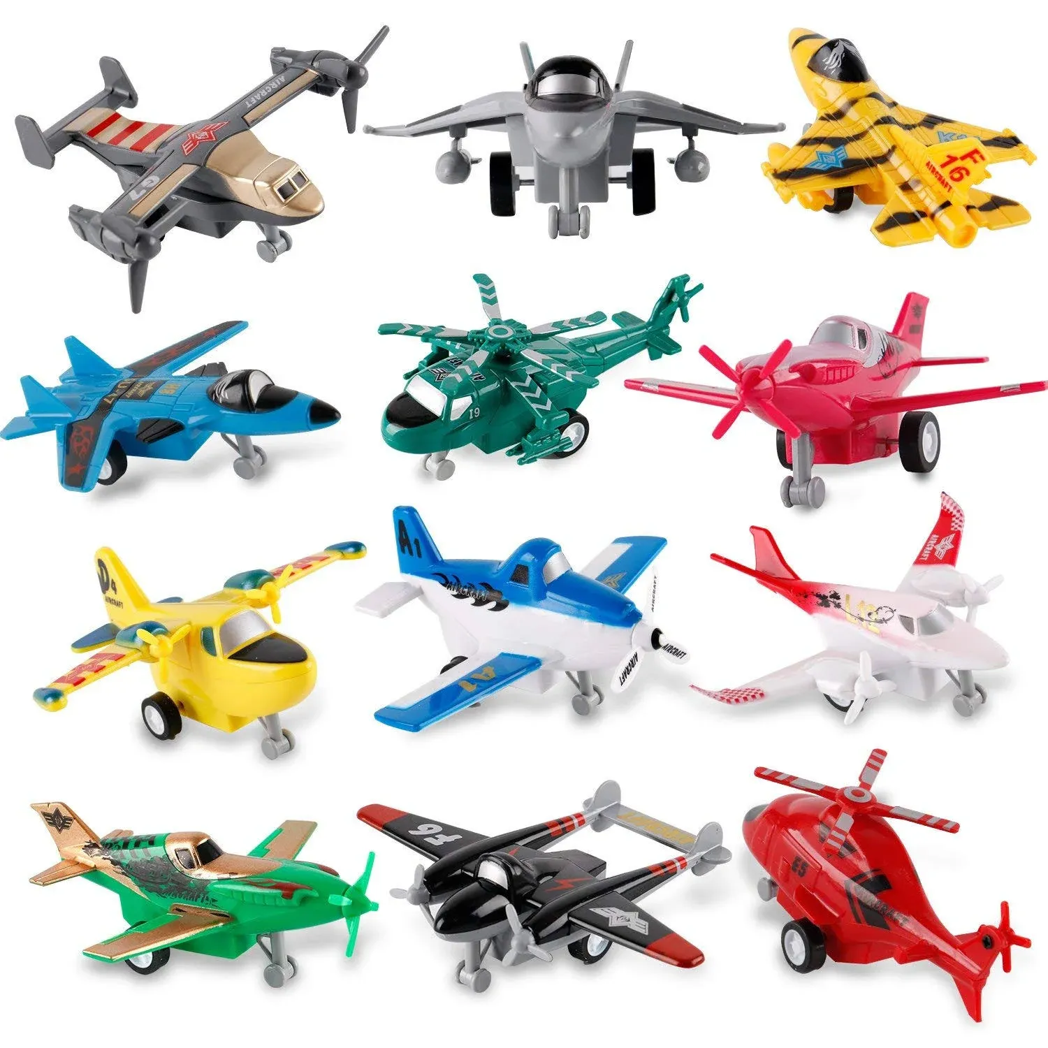 Liberty Imports Set of 12 Pull Back Airplanes Vehicle Playset - Variety Pack of Helicopters, Stealth Bombers, Fighter Jets,