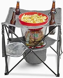 ARROWHEAD OUTDOOR 33.5” Portable Folding Tailgate Table, 4 Cup Holders, Food Basket, Insulated Cooler, No Sag Surface, Carrying Case, Steel Frame, High-Grade 600D Canvas, USA-Based Support