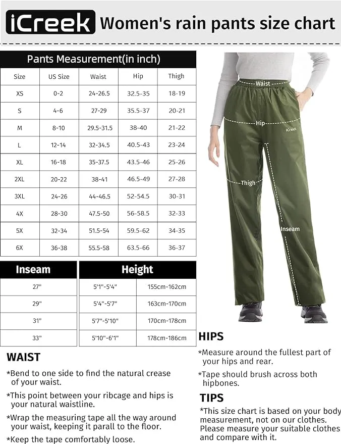 iCreek Women's Rain Pants Waterproof Zipper Pocket Windproof Hiking Pants Lightweight Over Pants Outdoor for Fishing, Rainy