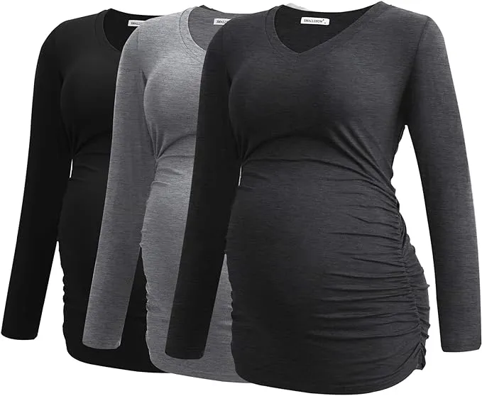 Smallshow Women's V-Neck Maternity Shirt Clothes Long Sleeve Ruched Pregnancy Top