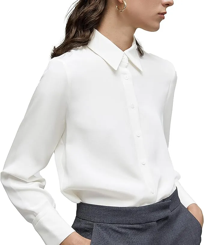 YAMANMAN Women's Button Down Shirt Classic Long Sleeve Collared Tops Work Office Chiffon Blouse