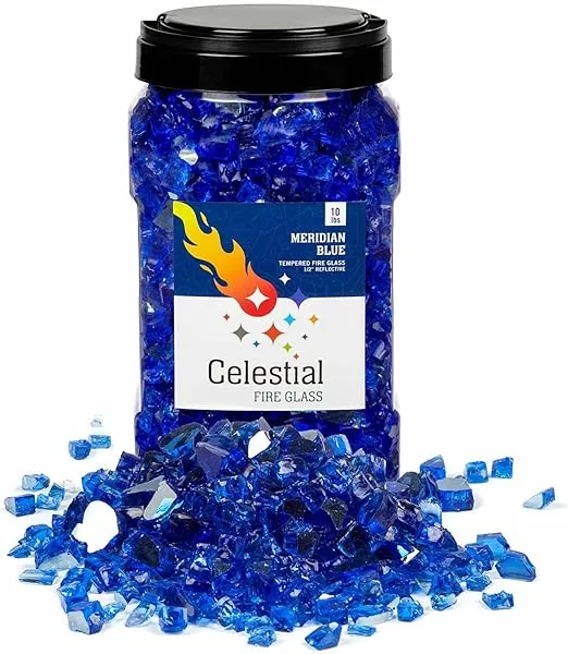 Celestial Fire Glass High Luster, 1/2" Reflective Tempered Fire Glass in Meridian Blue | 10 Pound Jar