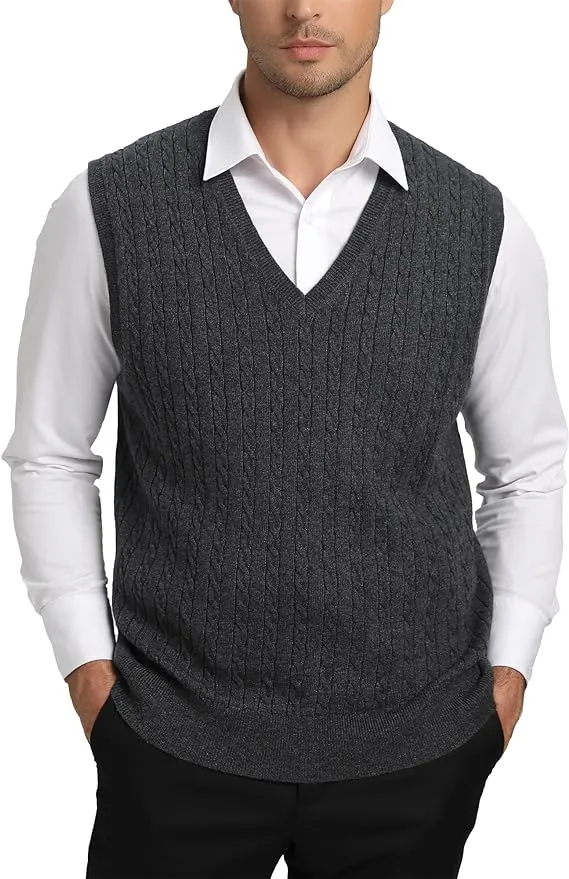 Kallspin Men’s Wool Blended Cable Knit Vest Sweater V Neck Relaxed Fit Sleeveless ...