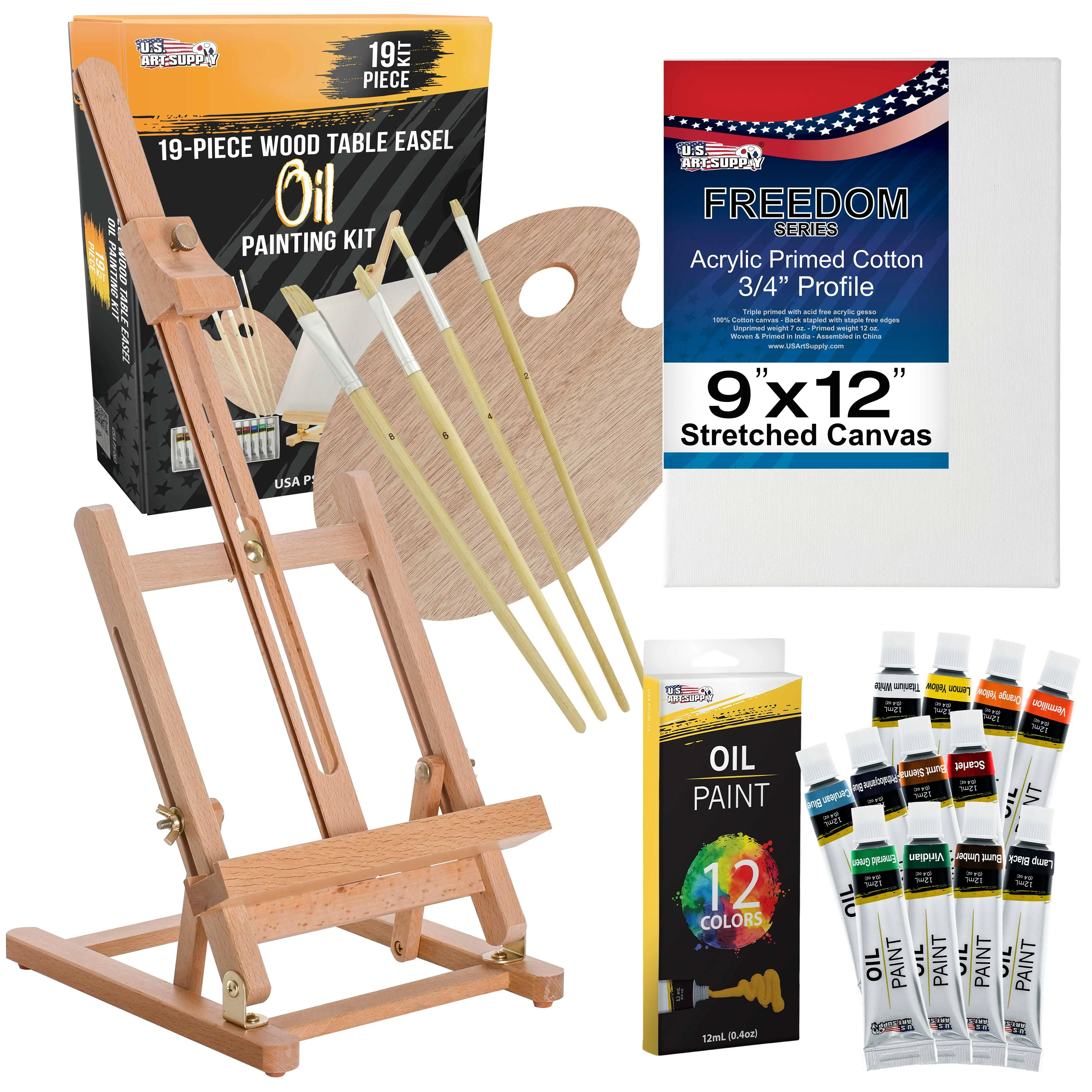 19pc Artist Oil Painting Set, Studio Easel, 12 Paint Colors, Art Canvas, Brushes