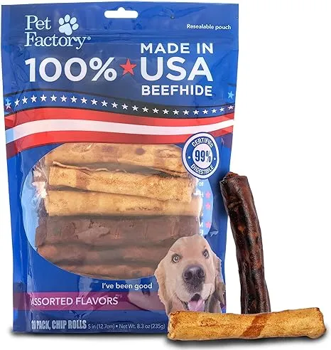 Pet Factory Made in USA Beefhide Small Assorted (12 Bones, 13 Chip Rolls), Assorted Flavors (Beef & Chicken) - 4-6", 25 Count