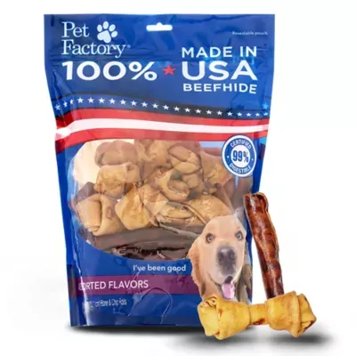 Pet Factory Made in USA Beefhide 4-6&#034; Assorted Bones &amp; Chip Rolls 25 Ct/1 Pk ...