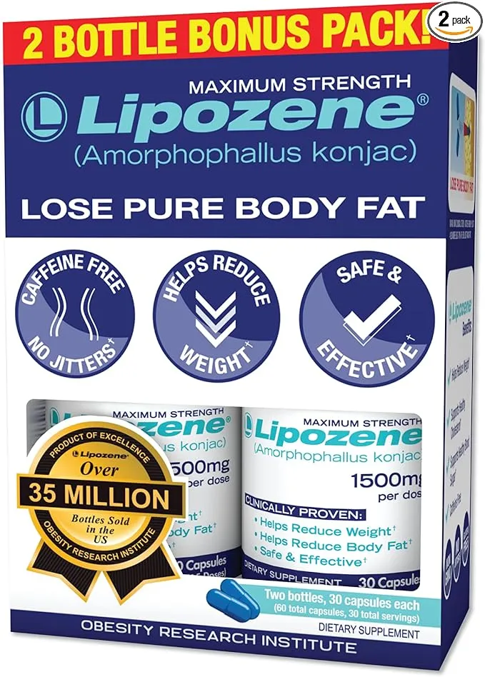 Lipozene - Weight Loss Supplement Diet Pills - Appetite Suppressant and Control - Two Bottles 60 Capsules Total