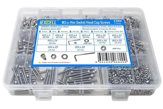 iexcell 1350 Pcs M3 x 4/5/6/8/10/12/14/16/20/25/30 Stainless Steel 304 Hex Socket Head Cap Screws Blots Nuts Washers Assortment Kit